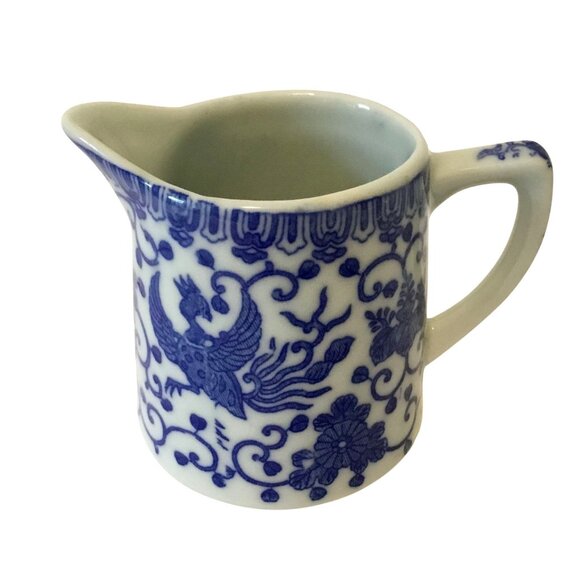 VTG Japan Blue White Phoenix Creamer Small Pitcher Floral Porcelain Art Pottery - Picture 1 of 7